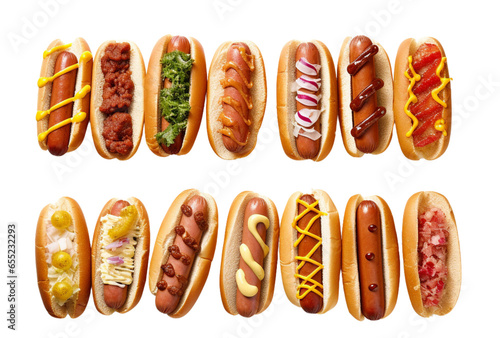 Collection of hot dog buns with various toppings. Isolated