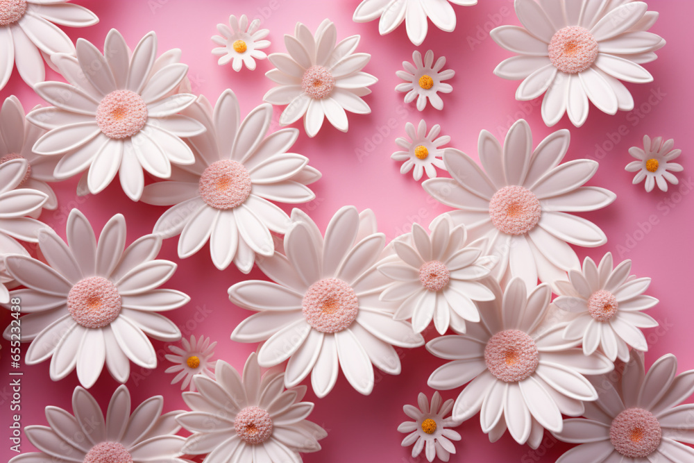 Minimal styled concept. White daisy chamomile flowers on pale pink background. Creative lifestyle, summer, spring concept.