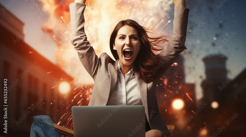Inspired female manager with laptop jumping in air and celebrating success on background - obrazy, fototapety, plakaty 