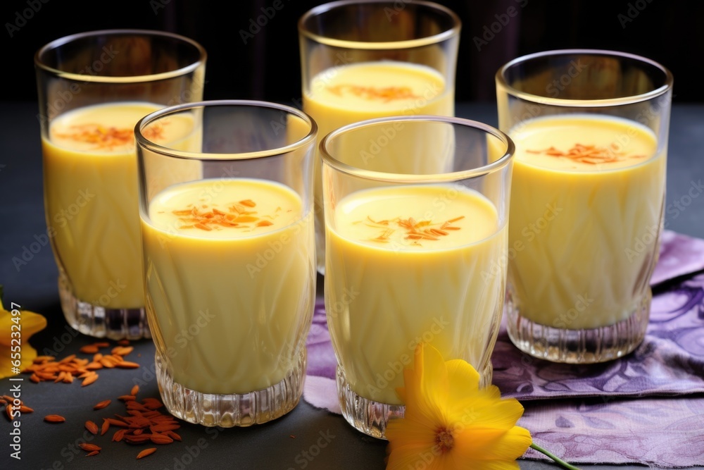 several glasses of badam milk with saffron strands several glasses of badam milk with saffron strands