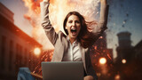 Inspired female manager with laptop jumping in air and celebrating success on background