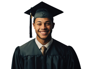 Successful male college student at graduation in his cap and gown, transparent background (PNG)