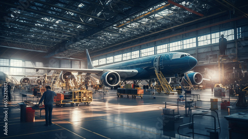 Plane assembly plant. Plane manufacturer. Plane factory. Generative AI