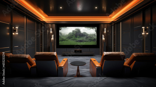 Interior of a cozy home cinema room, designed for movie enthusiasts.