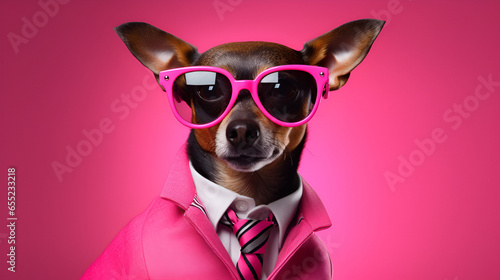  A dog dressed up in a cool jacket and tie. Rocking glasses for that extra flair. Posing on a pink backdrop, looking super chic. Space on the right for your message , best for marketing and advertise