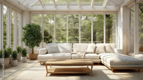 A sunroom bathed in natural light, a serene space to relax and connect with nature. © Valeriia