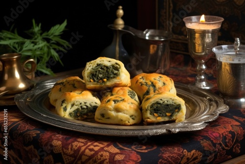 potato and spinach knishes on a patterned serving tray photo