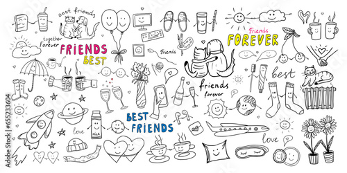 Cute set of friendship clipart in doodle style. Big collection with quotes, hearts, sweet, drinks, cats, dogs, sun, space, cups, party decoration. Hand drawn icons