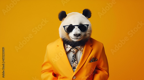 A panda dressed up in a cool jacket and tie. Rocking glasses for that extra flair. Posing on against yellow  backdrop, . Space on the right for your message , best for marketing and advertise © K