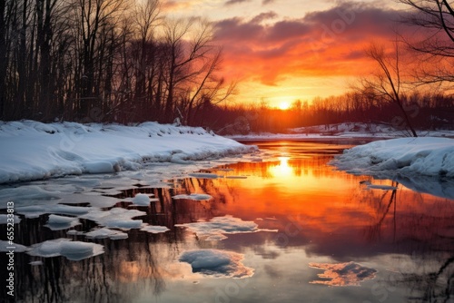 winter solstice sunset reflecting on icy river