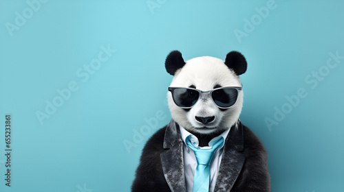 A panda dressed up in a cool jacket and tie. Rocking glasses for that extra flair. Posing on against blue  backdrop, . Space on the right for your message , best for marketing and advertise © K