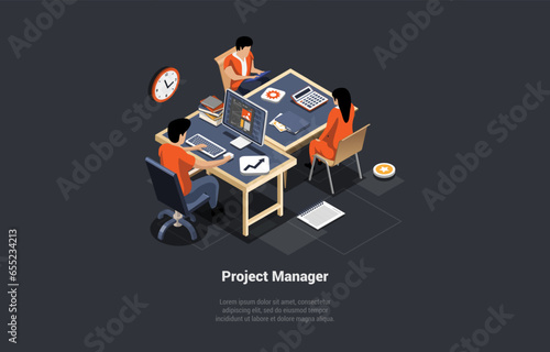 Concept Of New Startup Or Project. Software Engineers Man And Women Project Manager Develop Or Working On New Startup Idea. Creative Team In Coworking. Isometric 3d Cartoon Vector Illustration