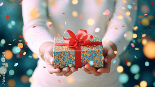 Kid hands holding gift or present box decorated confetti. Composition for Christmas