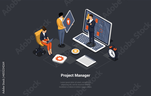 Concept Of New Startup Or Project. Creative Team Developing Or Working On New Startup Idea. Company Evolution With Teamwork And Effective Problem Solving. Isometric 3d Cartoon Vector Illustration