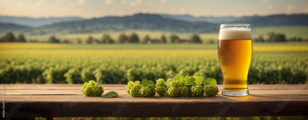 A glass of beer with hop on a wooden table for product advertising in front of a hop field. Generative AI. - obrazy, fototapety, plakaty 