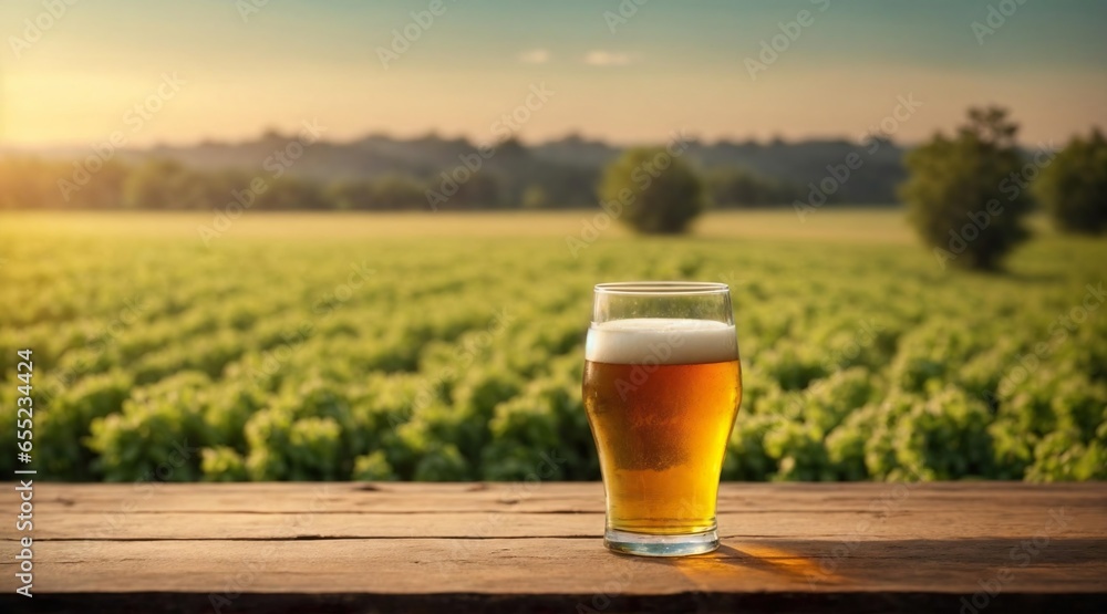 A glass of beer with hop on a wooden table for product advertising in front of a hop field. Generative AI. A glass of beer with hop on a wooden table for product advertising in front of a hop field. Generative AI.
