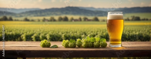 A glass of beer with hop on a wooden table for product advertising in front of a hop field. Generative AI.