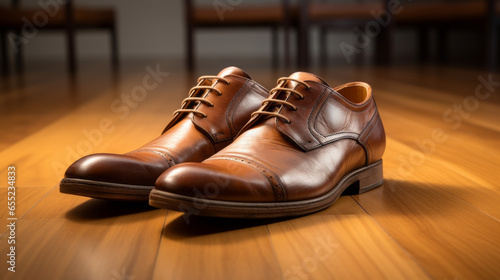 A pair of brown leather shoes on a wooden floor