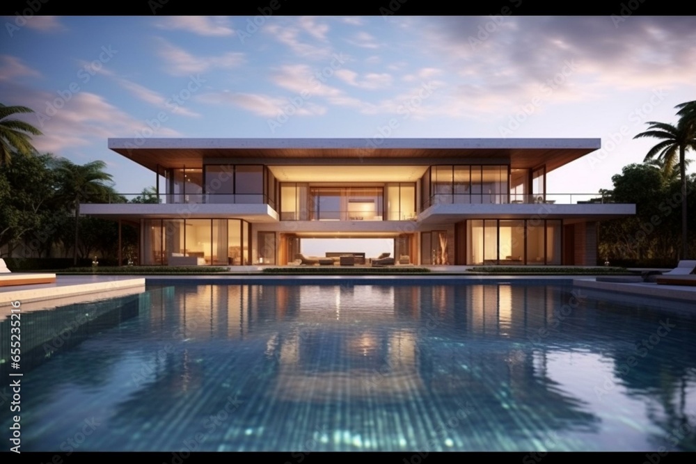 Sophisticated residence featuring a stunning pool. Generative AI