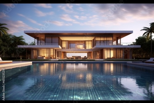 Sophisticated residence featuring a stunning pool. Generative AI
