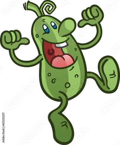Silly retro style pickle cartoon mascot character with a goofy look on his face tossing two thumbs up and pointing at himself confidently