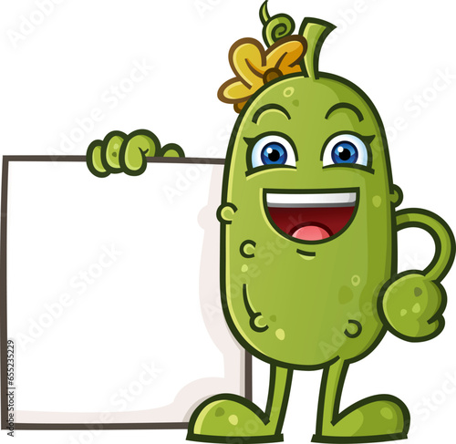 Adorable cute pickle cartoon character with a yellow flower bow holding a blank advertisement sign with a big toothy smile