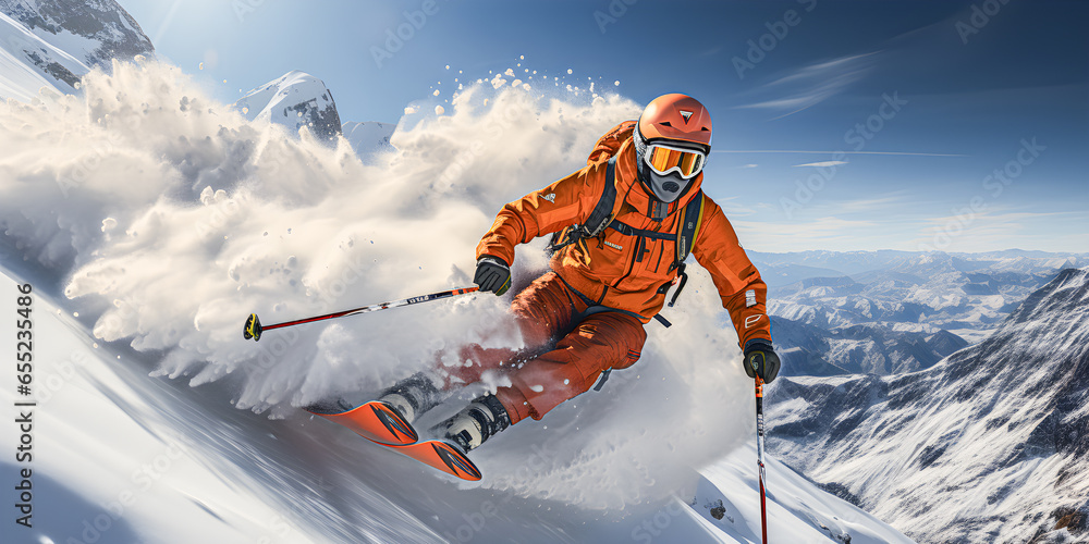 Skier with his ski and professional equipment skiing on a ski slope in the snowy mountains. Winter sports.