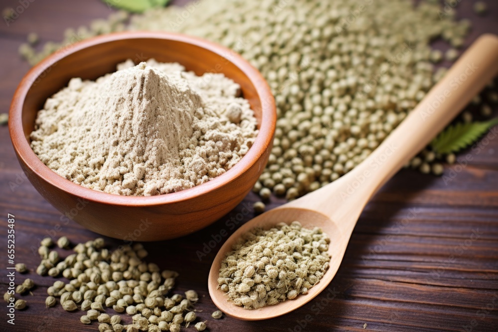 hemp protein powder on wooden spoon next to hemp seeds hemp protein powder on wooden spoon next to hemp seeds