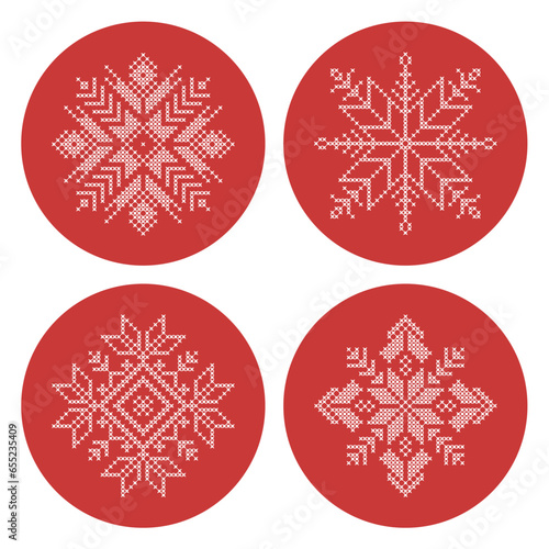 Set of four round snowflake banners, folk art embroidery snowflake stitching pattern