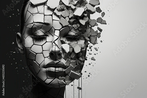 Wallpaper Mural Shattered Self-Image: Abstract Black and White Illustration Portraying Depression, Loneliness, Sadness, and Anxiety – Generative AI Torontodigital.ca