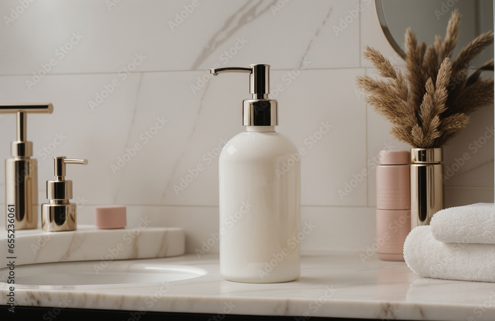 A blank Mockup of a hand wash bottle on a marble in the luxurious bathroom . Generative AI A blank Mockup of a hand wash bottle on a marble in the luxurious bathroom . Generative AI