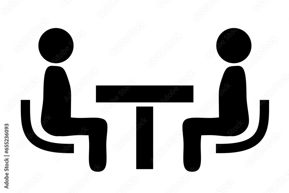 A consultation icon of two people sitting across a table, facing each other and talking. A consultation icon of two people sitting across a table, facing each other and talking.