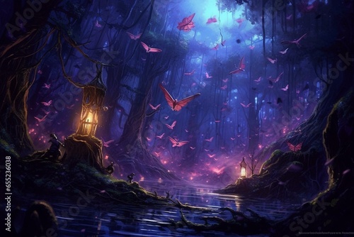 Magical creatures flutter in a bewitching woodland under the night sky. Generative AI