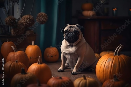 dog and pumpkins