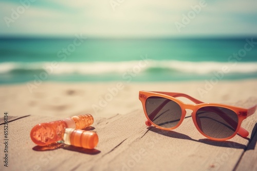 Background of a beach with summer holiday concept featuring various sunbathing accessories like sunglasses. Generative AI