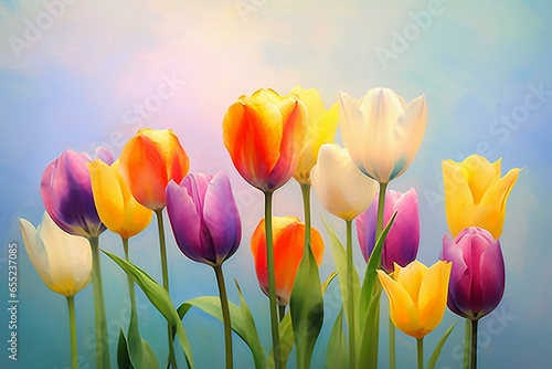 Vibrant tulips in full bloom against a soft background. Generative AI