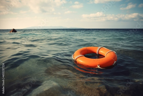 Orange life buoy on its side in the sea. Generative AI