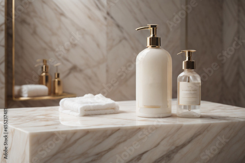 A blank Mockup of a hand wash bottle on a marble in the luxurious bathroom . Generative AI