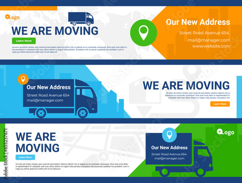 We are moving new address information landing page with truck and map pin set vector flat