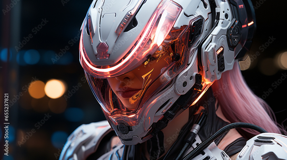 Fototapeta premium Futuristic Elegance: Neon Armor Portrait. Elegance meets futurism in this portrait featuring neon-lit armor, symbolizing the blend of style and technology. A striking futuristic vision.