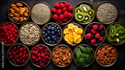 Lots of good foods in one place. Bright fruits, tasty berries, and handfuls of nuts and seeds. Selection of healthy food. Superfoods, various fruits and assorted berries, nuts and seed