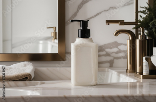 A blank Mockup of a hand wash bottle on a marble in the luxurious bathroom . Generative AI