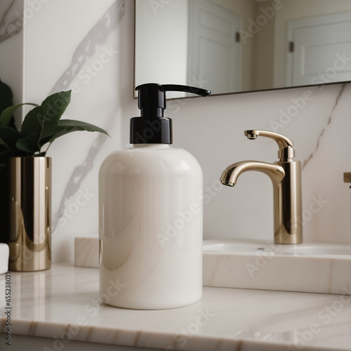 A blank Mockup of a hand wash bottle on a marble in the luxurious bathroom . Generative AI
