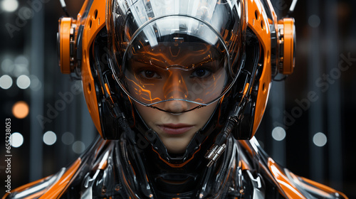 Futuristic Elegance: Neon Armor Portrait. Elegance meets futurism in this portrait featuring neon-lit armor, symbolizing the blend of style and technology. A striking futuristic vision. © Marc