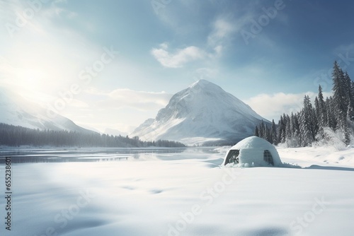 Snowy landscape featuring an isolated igloo, lake, and mountain. Generative AI