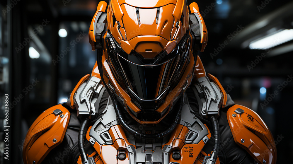 Fototapeta premium Futuristic Elegance: Neon Armor Portrait. Elegance meets futurism in this portrait featuring neon-lit armor, symbolizing the blend of style and technology. A striking futuristic vision.