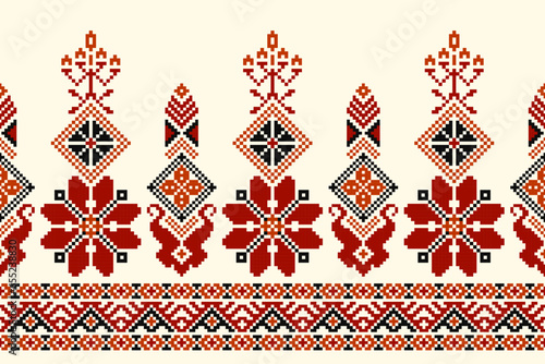 flower embroidery on cream background. ikat and cross stitch geometric seamless pattern ethnic oriental traditional. Aztec style illustration design for carpet, wallpaper, clothing, wrapping, batik.