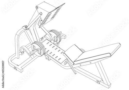 Leg Press machine. Gym equipment on white background vector illustration. Different fitness equipment for muscle building. Workout and training concept.