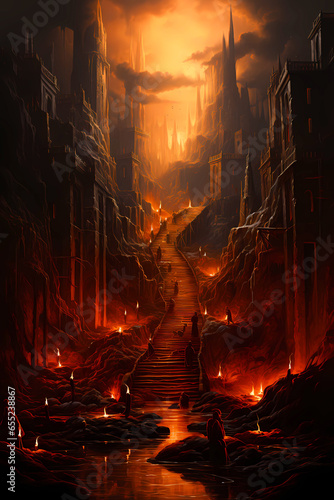 fantasy illustration of the entrance to the hell, inferno or purgatory with lost souls in the underworld photo