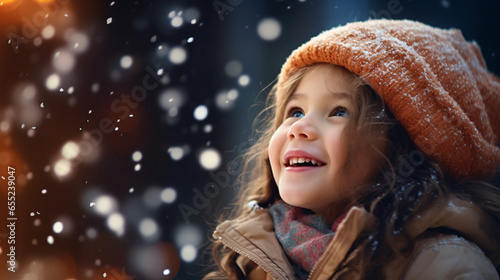 Little girl with christmas lights enjoying the holidays outdoors in snowfall. Happy cute child girl playing with Chistmas festive lights
